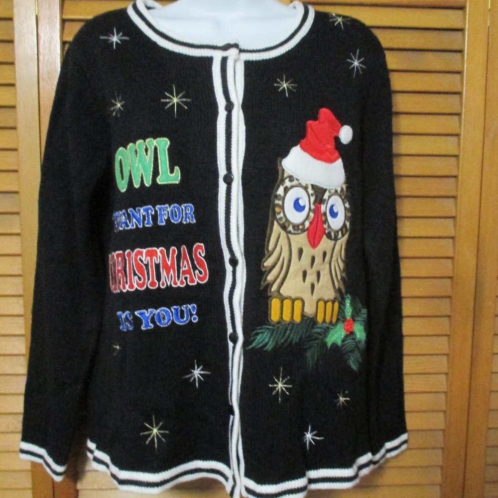 Owl Christmas Sweater cardigan "Owl I Want For Christmas Is You" size S
